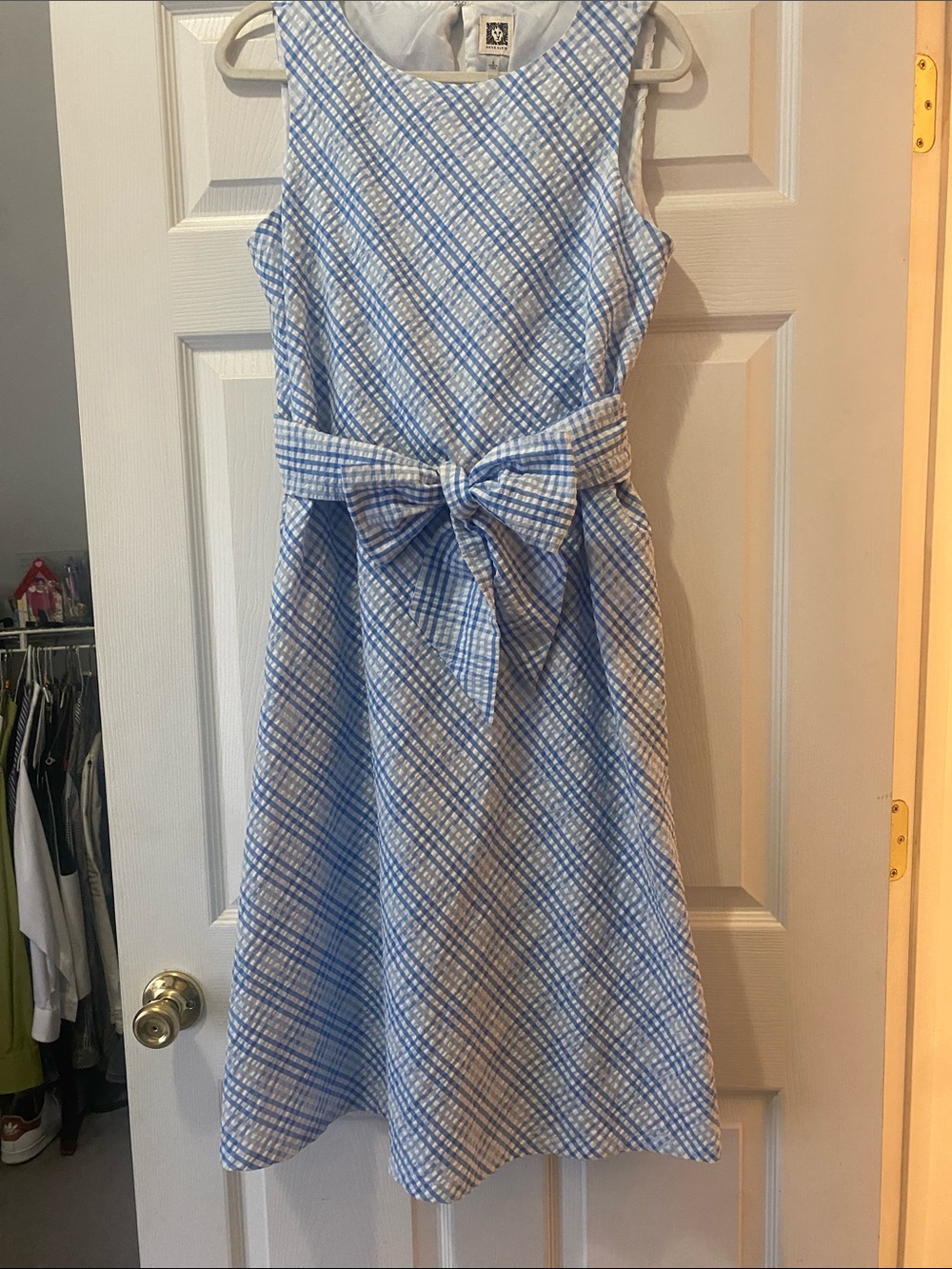Anne Klein Blue and White Plaid Midi Dress with Waist Bow